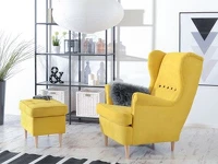 Designerski fotel uszak do salonu MALMO żółty - w aranżacji z pufą MALMO